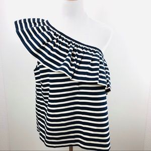 J Crew Navy and Off White one shoulder ruffle top